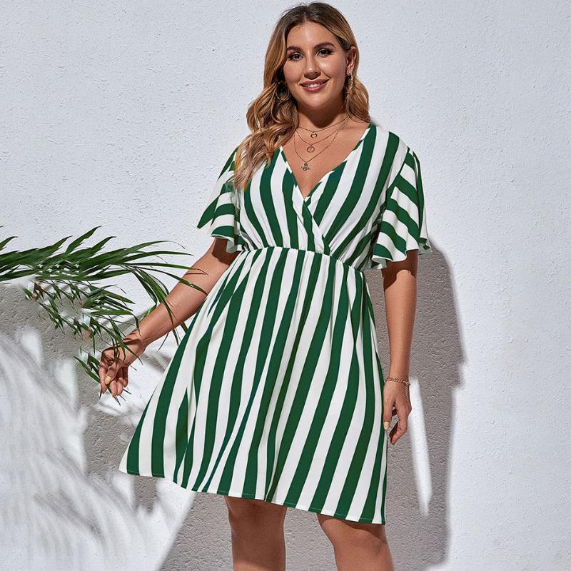

Plus Size Dresses HY85061227 Striped Design Short Sleeve V Neck 3xl 4xl Big Woman Dress Elegant For FemalePlus, As pic