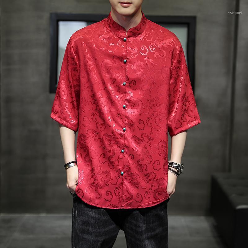 

Shirt Satin Button Down Casual Shirts Chemise 2022 Chinese Dragon Jacquard Men's Slim Fit Half Sleeve Totem Smooth Silk 5XL, Gray chinese shirts