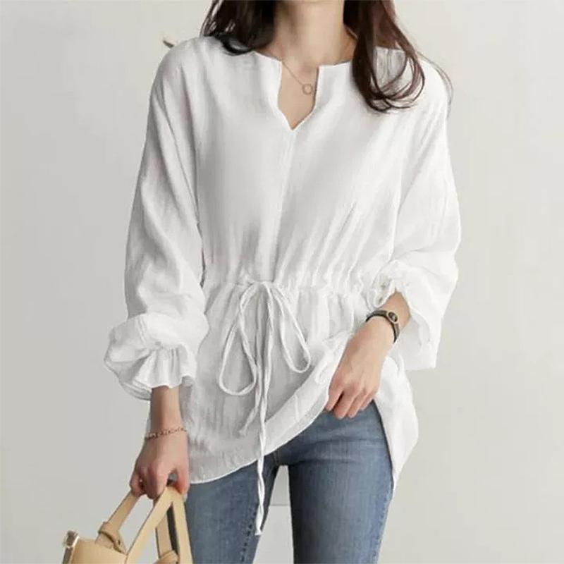 

Women' Blouses & Shirts Summer Autumn Long Sleeve Fashion Women Drawstring Slim Waist White Blouse Office Lady Clothes V-Neck PulloverWomen