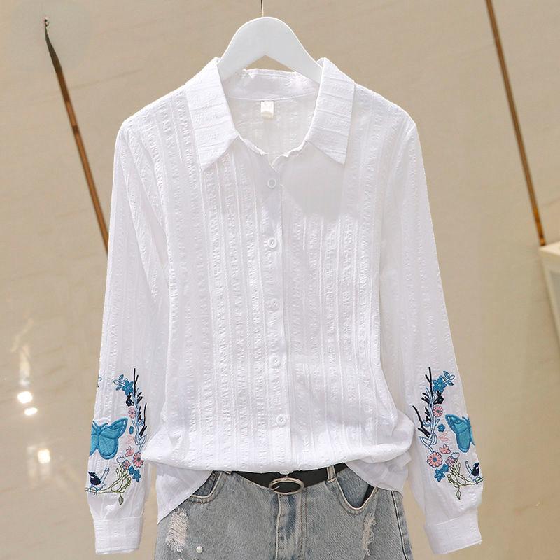 

Women' Blouses & Shirts Cotton Embroidery White Women Summer Vintage 2022 Turn-Down Collar Long-Sleeved Slim Elegant Office Lady Outwear To