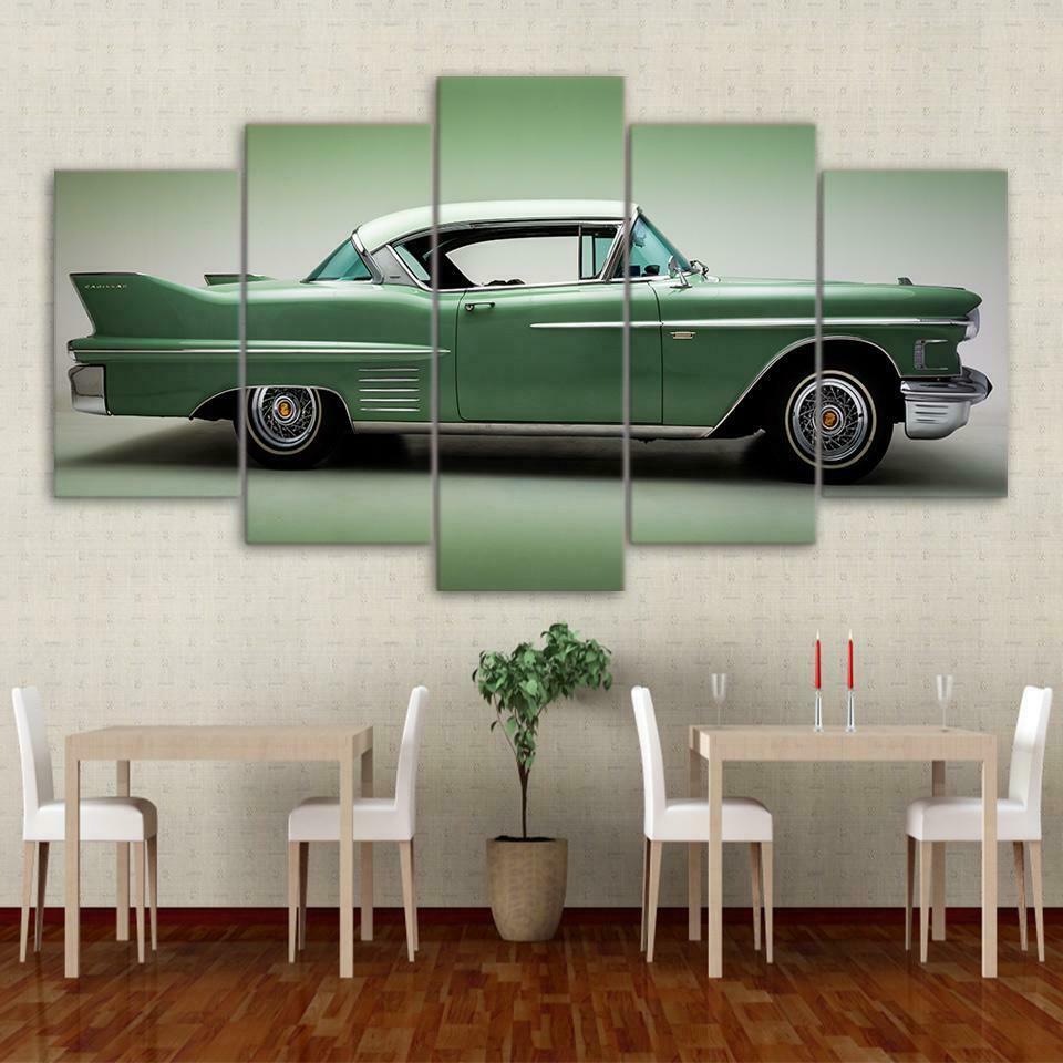

Green Classic Car Vintage 5 Panel Canvas Picture Print Wall Art Canvas Painting Wall Decor for Living Room Poster No Framed