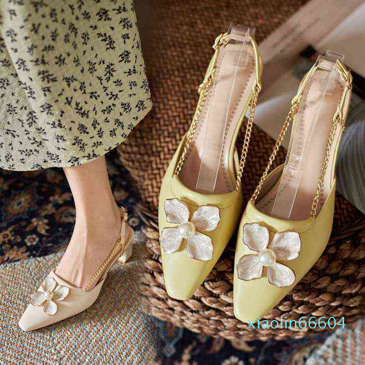 

Fashion-Fairy style high-heeled sandals lady summer new chain back empty thick heel sandals flower temperament sandals, Beige