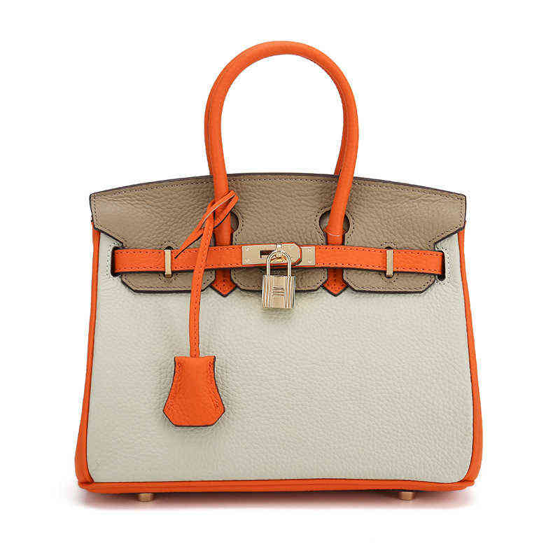 

Designer lady bag New Fashion Color Matching Real Leather Bag Contrast Women's Single Shoulder Portable Diagonal, 25cm pearl grey with black