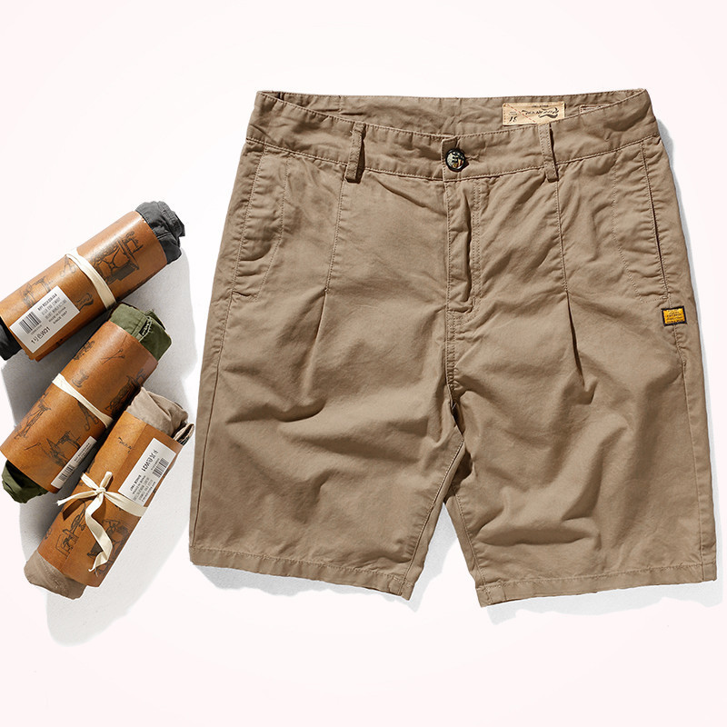 

Summer American Retro Casual Shorts Men's Fashion Brand Tailored Khaki Washed Old Woven Straight Knee Length Pants