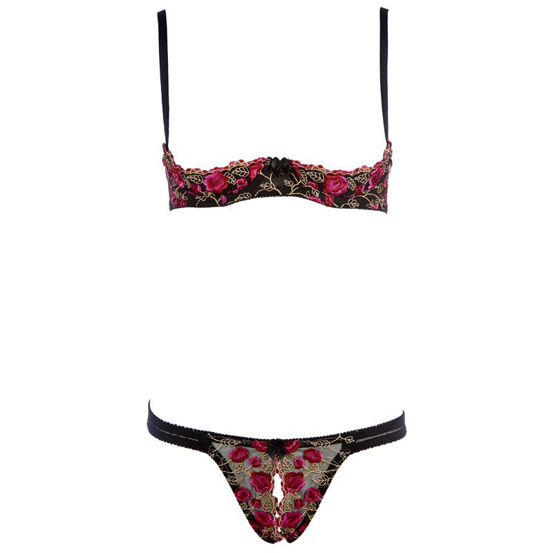 Bras Sets Women Sexy Underwear Exquisite Embroidery Flower Push Up Open Bra Crotch Panty Set Temptation Cupless Thong Lingerie