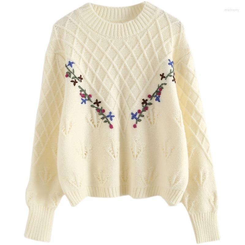 

Women's Sweaters Women's Round Neck Pullover Long Sleeve Sweater Flower Hand Embroidered Loose Knit Womens Winter SweatersWomen's Mari22, White