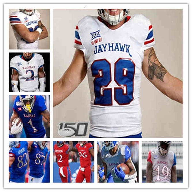 

2021 College Kansas Jayhawks Football Jersey Miles Kendrick Velton Gardner Kwamie Lassiter II Kenny Logan Jr. Jalon Daniels Williams Jr. Men, Men blue with 150th