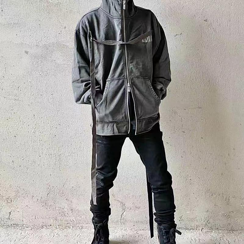 

Men' Hoodies & Sweatshirts Askyurself High Street Washed Distressed Quality Pure Cotton Tactical Bandage And Women' Loose Zipper Hoodie Ja, Washed black