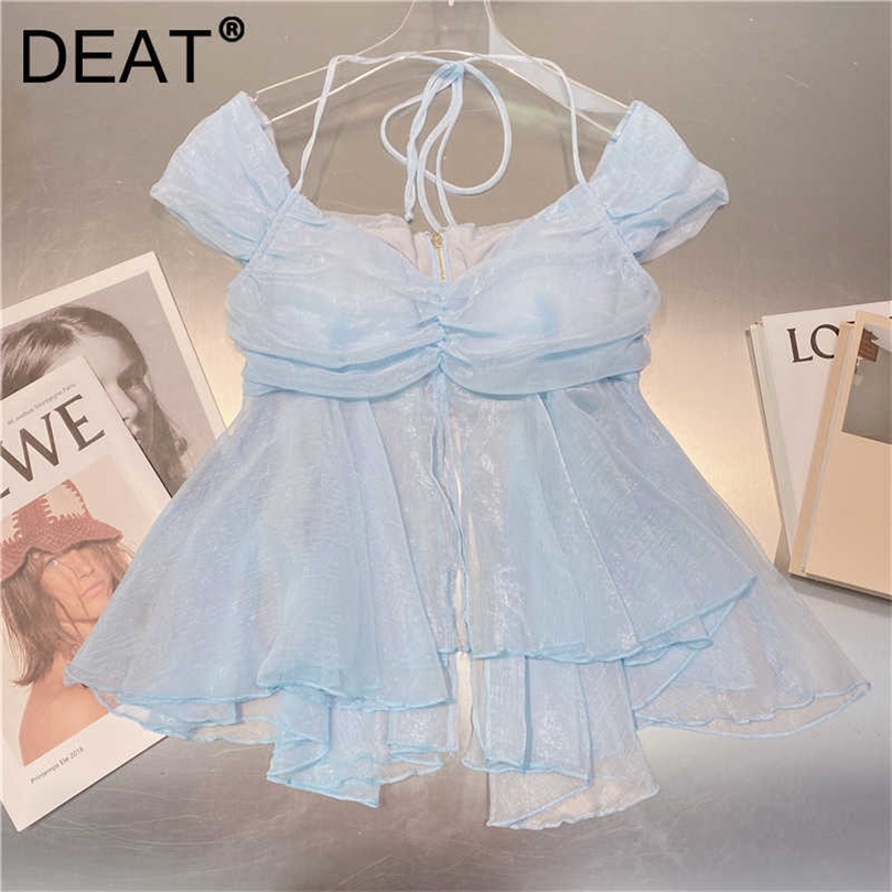

DEAT Women Ruffles Asymmetrical T-shirt Solid Color Slash Neck Short Sleeve Temperament Fashion Spring Summer 11D1431 210709, Blue