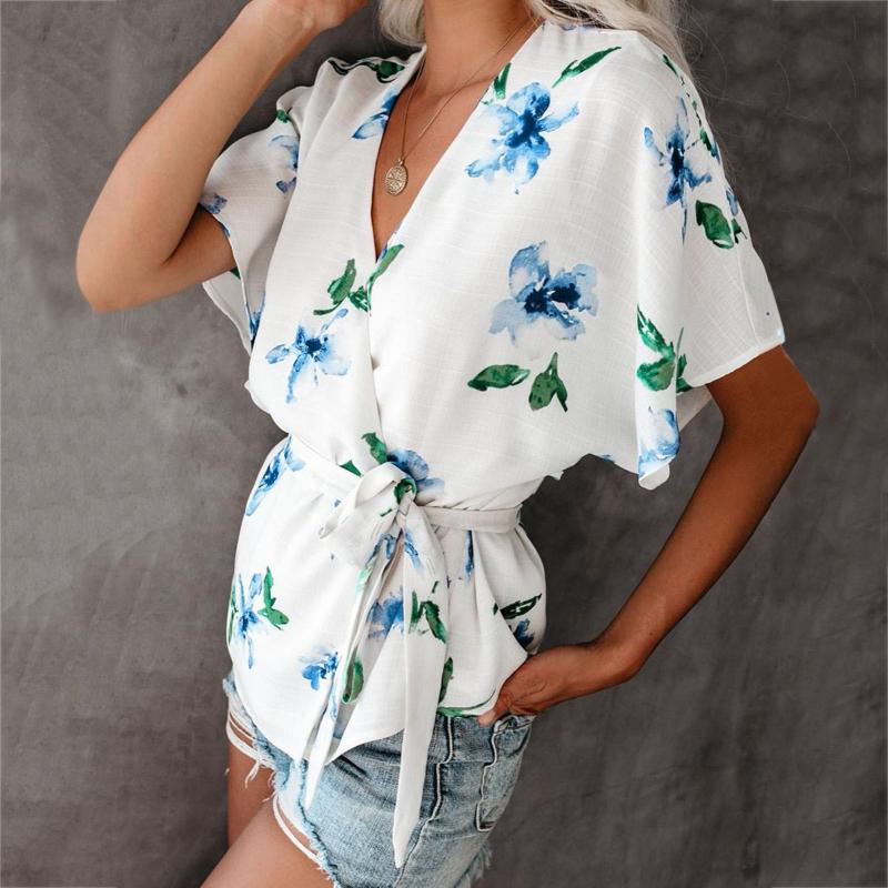 

Women' Blouses & Shirts Womens Tie Front Chiffon V Neck Batwing Short Sleeve Summer Tops Ladies 2022 Sexy Boho Bandage Tunic BlusasWomen, Pink