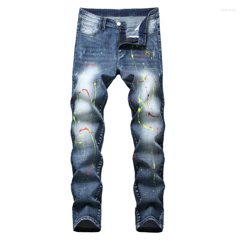 

Men's Jeans Men's Painted Stretch Denim Casual Slim Straight Pants Blue Scratched TrousersMen's Bert22
