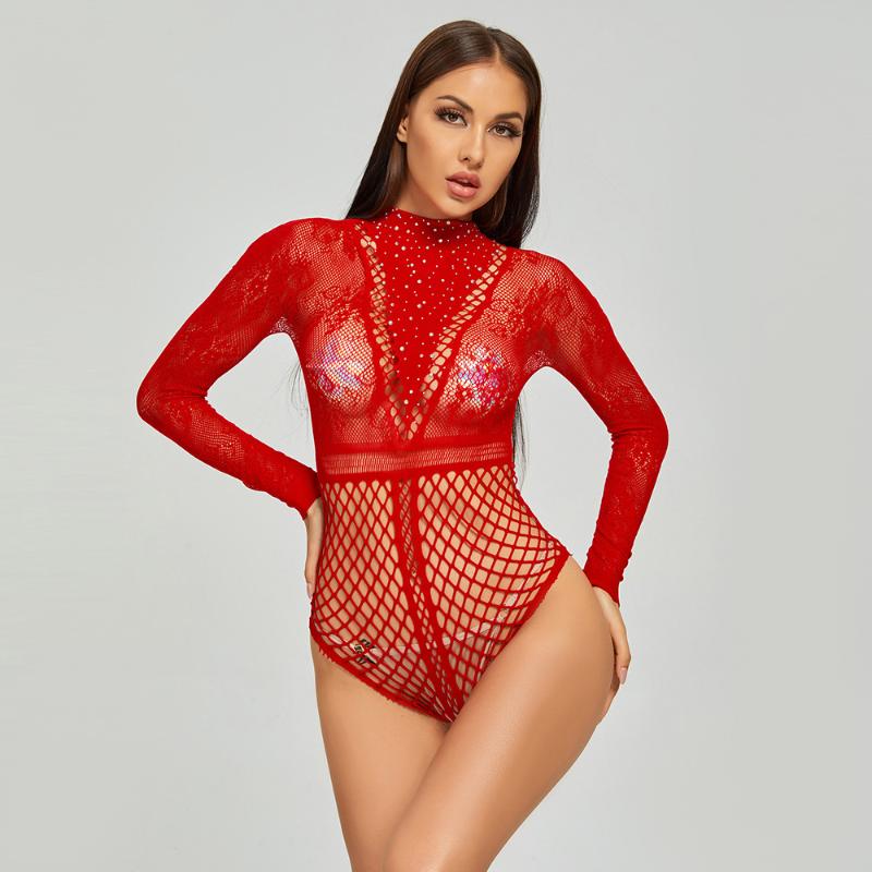 

Women's Two Piece Pants Women's Sexy Shining Diamond Sheer Mesh Red Black Bodysuits Long Sleeve High-neck Party Club Playsuits Lace Flor