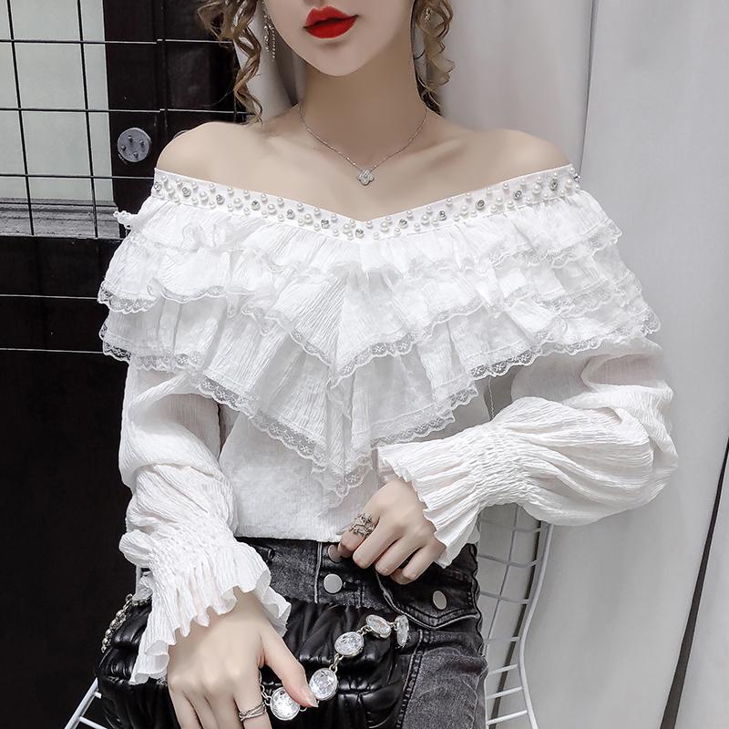 

Women' Blouses & Shirts Spring Fall Korean Style Blouse Fashion Sexy Beading Patchwork Lace Ruffles Women Top Ropa Mujer Flare Sleeve Shirt, White blouse