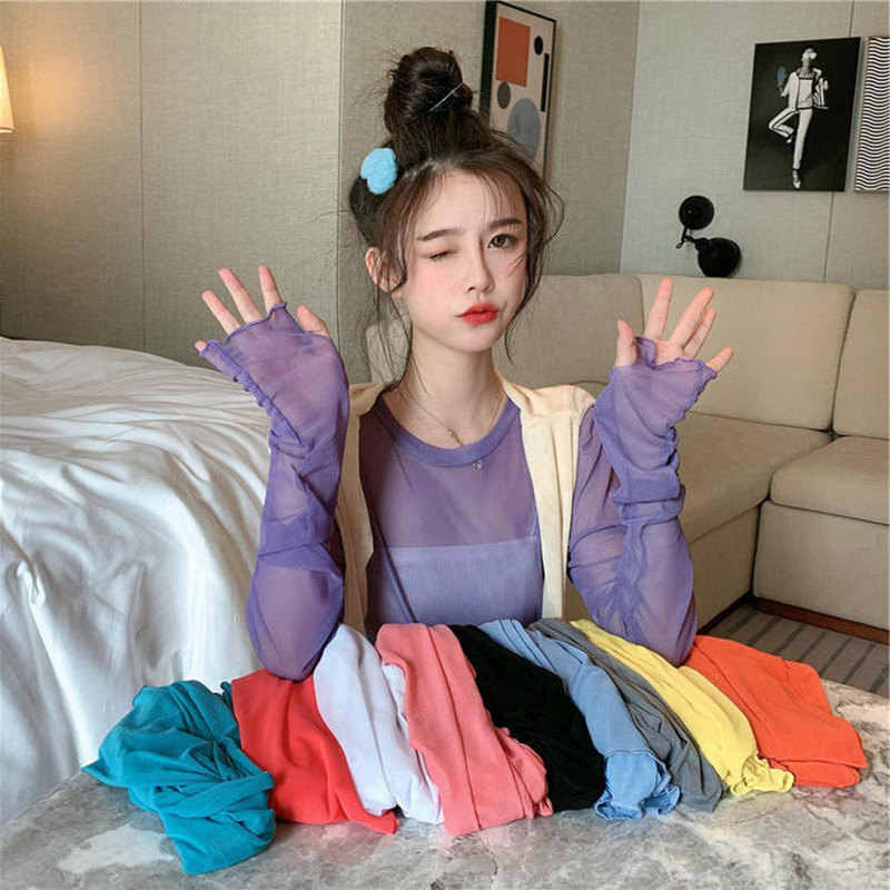 

Women Sheer Mesh Top Long Sleeve High Neck Beach Cover-up Mesh Tshirts Summer Candy Color Beachwear Ruched Sleeve Tees 0613, Red