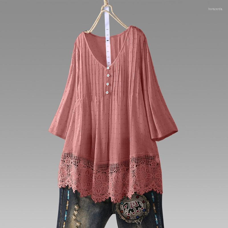 

Women's Blouses & Shirts Women Office Blouse Casual Solid Elegant Vintage Three Quarter Lace V Neck Plus Size Top T Shirt Blusa FemininaWome, Pink