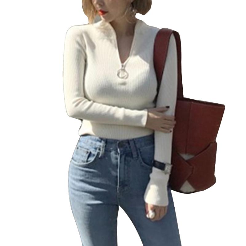 

Women's Sweaters Women Half High Collar Knitted Tops Long Sleeve Spring Autumn Solid Color Bodycon Pullover Zipper Up Slim Fit Female Knitwe, White;black
