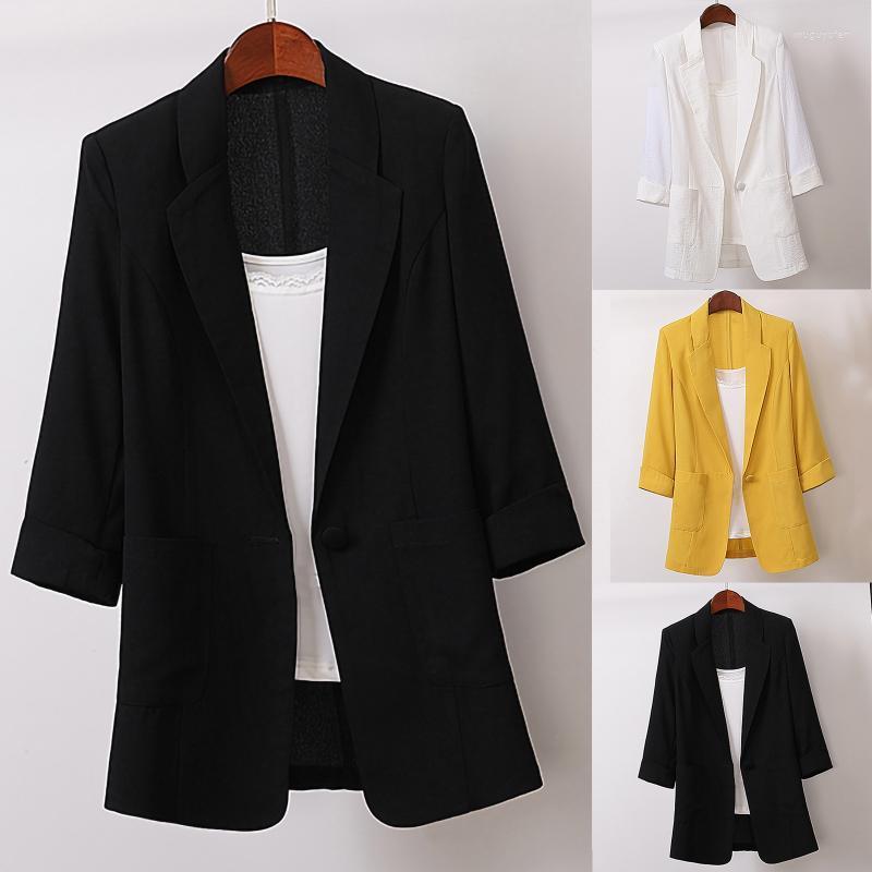 

Women's Suits & Blazers 2022 Summer Cotton Linen Women Thin Jackets Fashion Office Lady Pocket Blazer Coats Solid Color Turndown Collar, Black