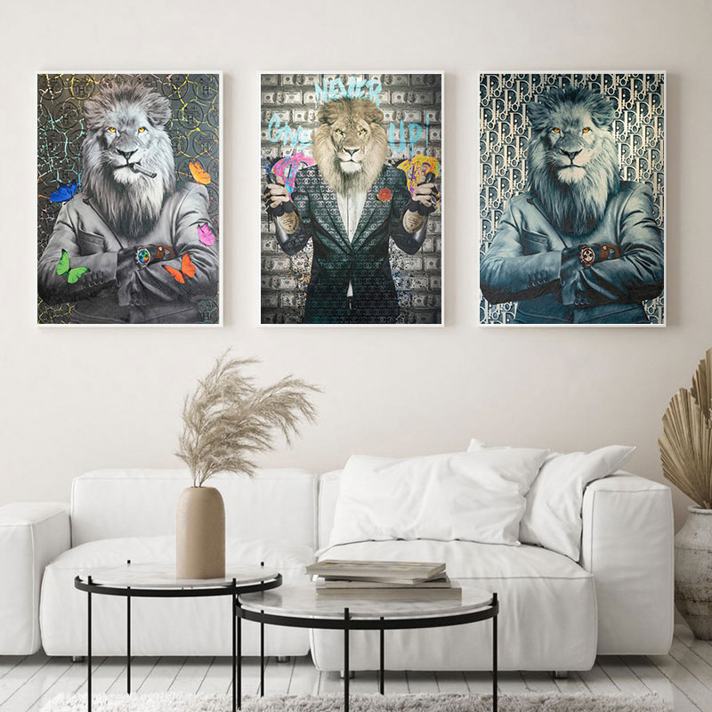 

Funny Lion Boss In Suit Pictures On Canvas Wall Art Painting Millionaire Animal Posters And Prints For Living Room Decoration