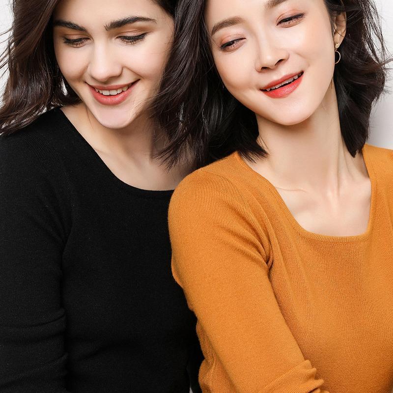 

Women' Sweaters Fashion Sweater U Collar Long Sleeve Solid Cashmere Square Pullover Women Comfortable Bottoming 1202, Black
