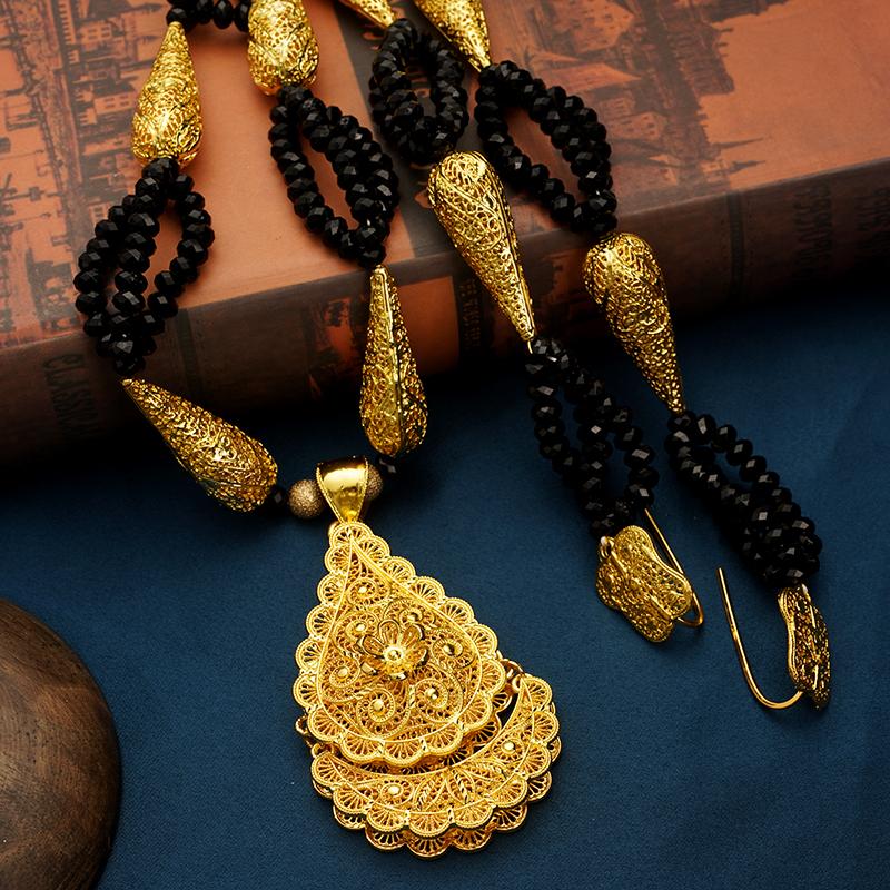 Chaînes ethniques perles de luxe collier pendentif plaqué or bijoux de mariage algérien longue chaîne colliers pour femmes arabie bijoux de marié