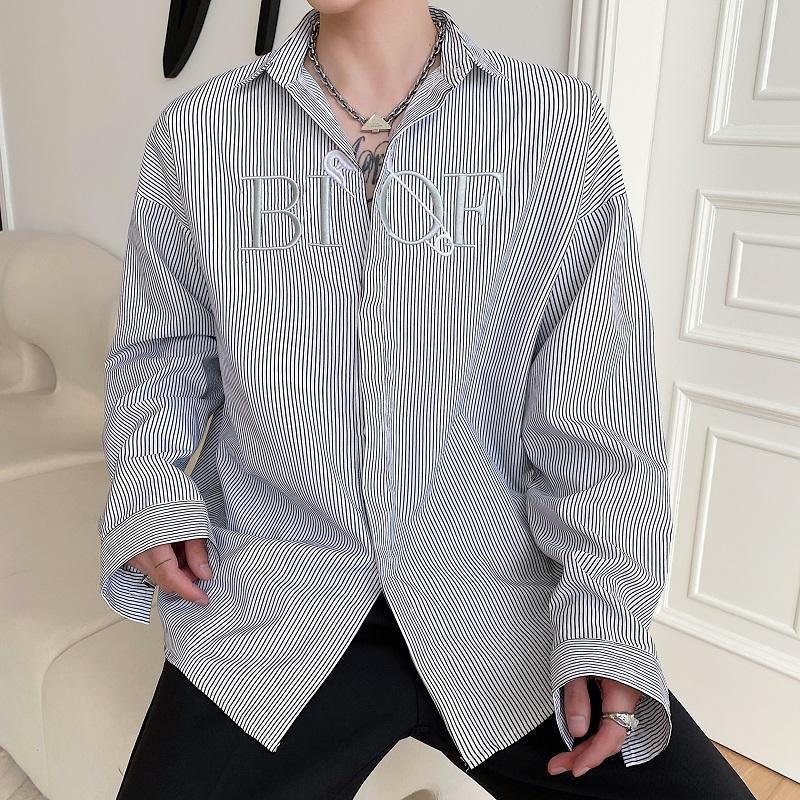 

Men's Casual Shirts Embroidery Stripe Men's Long Sleeve Loose Shirt Top Men Streetwear Fashion Office Dress ShirtsMen's, 3746