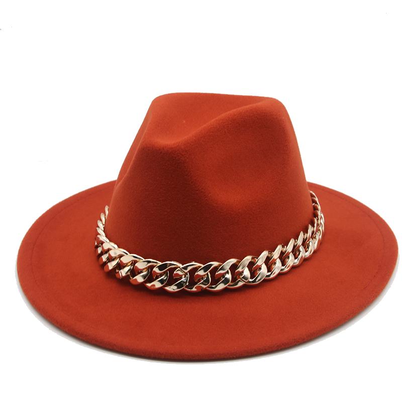 

Wide Brim Hats Fedora Women Men With Thick Gold Chain Band Felted Jazz Cap Winter Autumn Camel White Hat, Orange