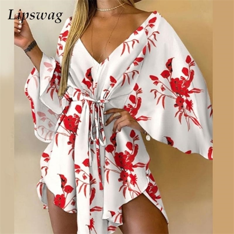 

Sexy V-Neck Women Mini Dress Casual Leaf Leopard Print Harajuku Batwing Sleeve Lady Elegant Lace-Up Irregular Party 220402, Red