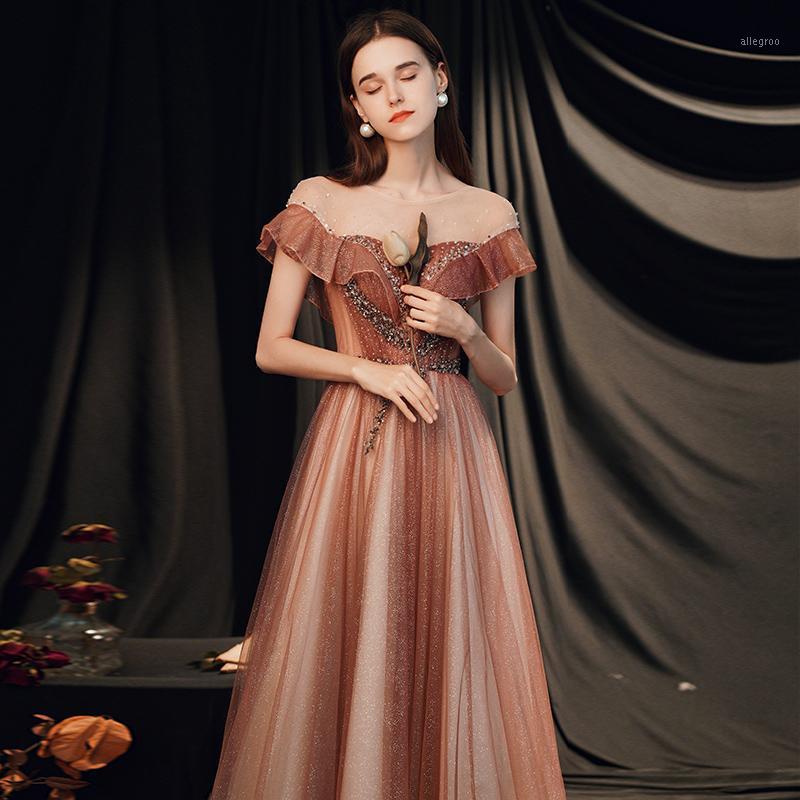 Robes de soirée Lumière De Luxe Gradient Femmes Soirée O-cou Sans Manches Longue Illusion Robe De Princesse Sexy Dos Nu Anniversaire Banquet Robe