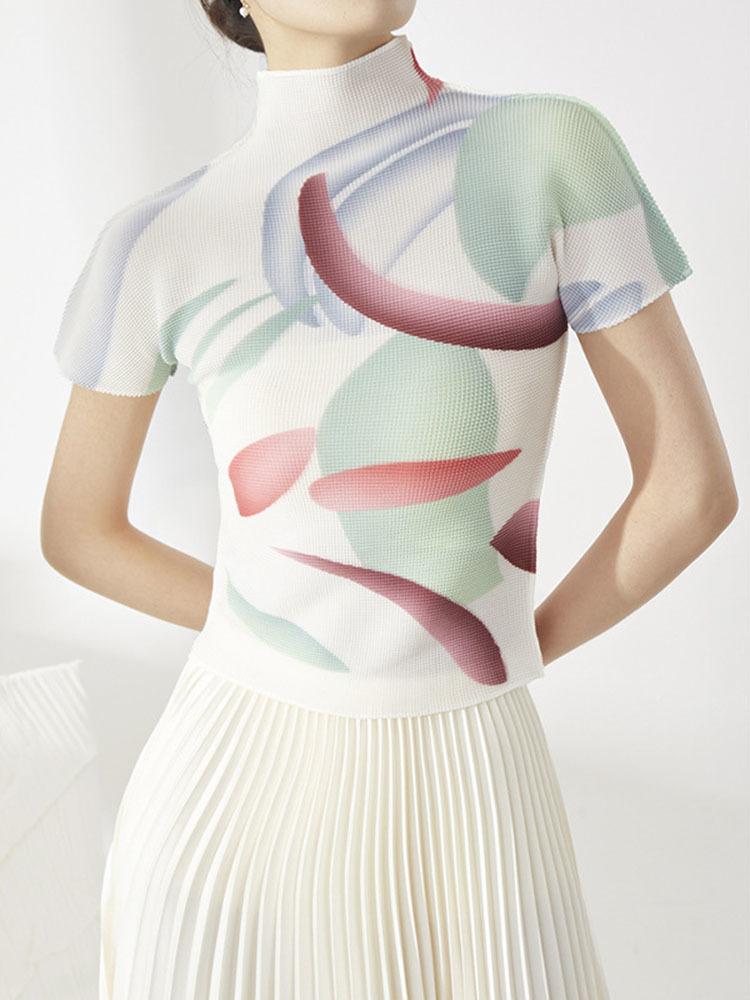 

Women's T-Shirt Women Pleated T Shirt Print High Collar Short Sleeve Elastic Elegant Pullover Top Casual Style 2022 Summer FashionWomen's, Apricot t shirt