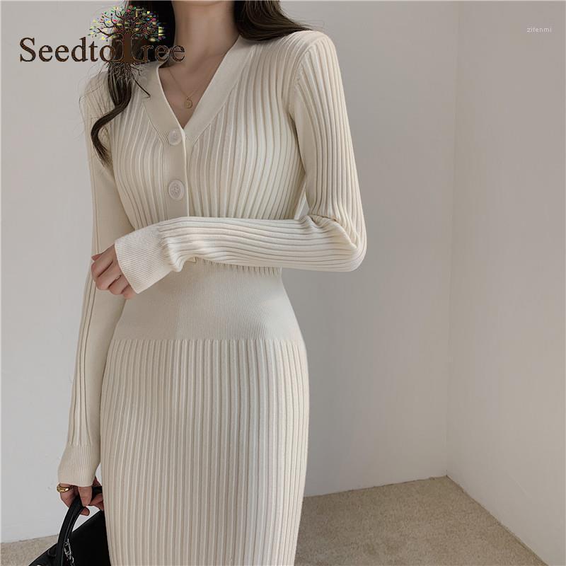 

Casual Dresses Autumn And Winter Solid Color Single Breasted Elegant Dress Women' Long Sleeve V-Neck Slim Knit, Beige