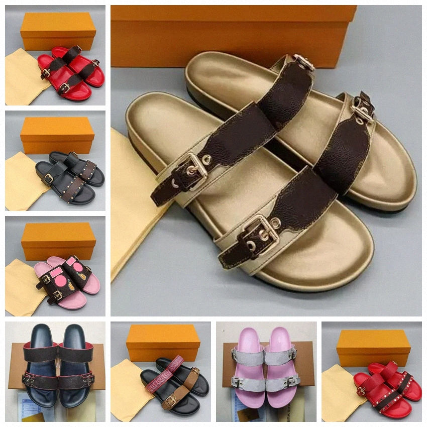 

NEW Fashion Sandals Upgrade Durable Sandals Slippers Luxury Men Women Summer Leather Rubber BOM DIA FLAT MULE 1A3R5M Beach Slides W2BD#