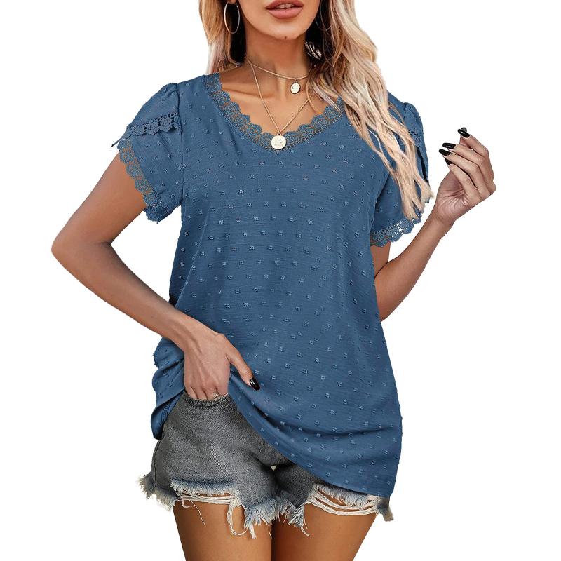 

Women' Tanks & Camis Women Solid Color Top Casual Summer Blouse V Neck T Shirt Lace Sleeve Loose Elegant Tee Shirts Cotton LooseWomen, Pink-2