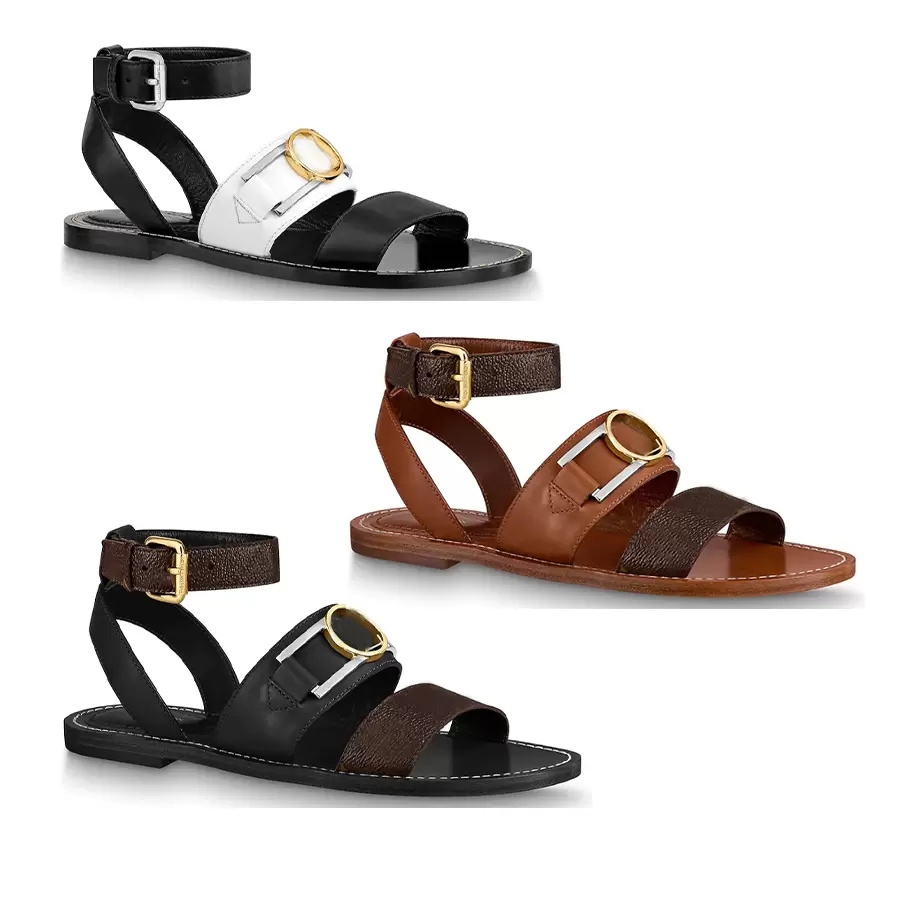 

Women Lady Girl Elegant Calf Leather Outsole Ankle Strap Cross Buckle Accessory Adjusted Summer Academy Flat Sandal Shoes With Box Big Size 363