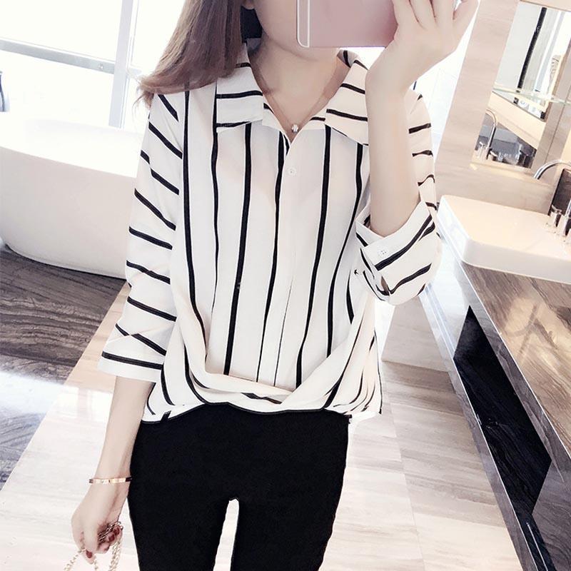 

Women Lady Top Shirt Blouse Seven Quarter Sleeve Stripe Fashion Clothing For Autumn 88 Women's Blouses & Shirts, As pic