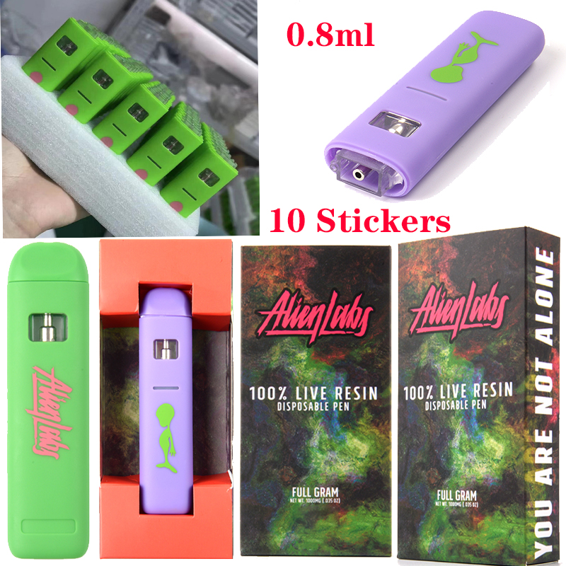 

10 Strains Alien Labs Live Resin E Cigarettes Green Purple Disposable Vape Pen 0.8ml Empty Carts 350mAh Battery Preheat Starter Kits Rechargeable With Stickers