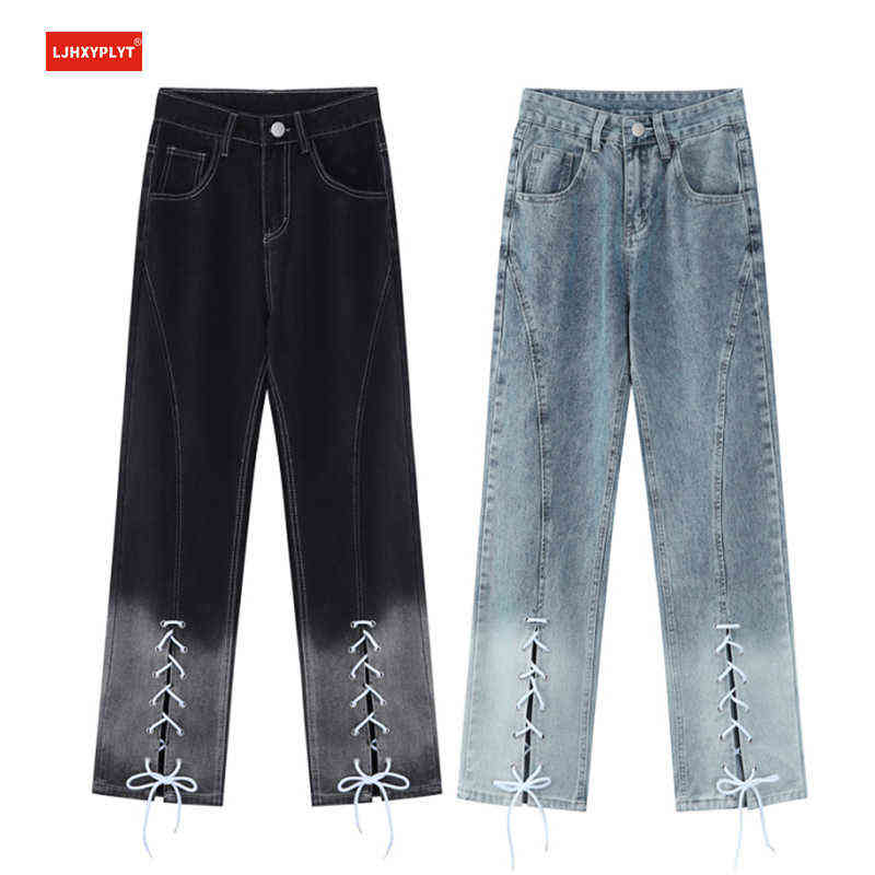 

Gradient Color Cross-laced Jeans Women's Spring Summer New High-waisted Straight-tube Design Sense Small Wide-leg Mopping Pants T220728, Blue
