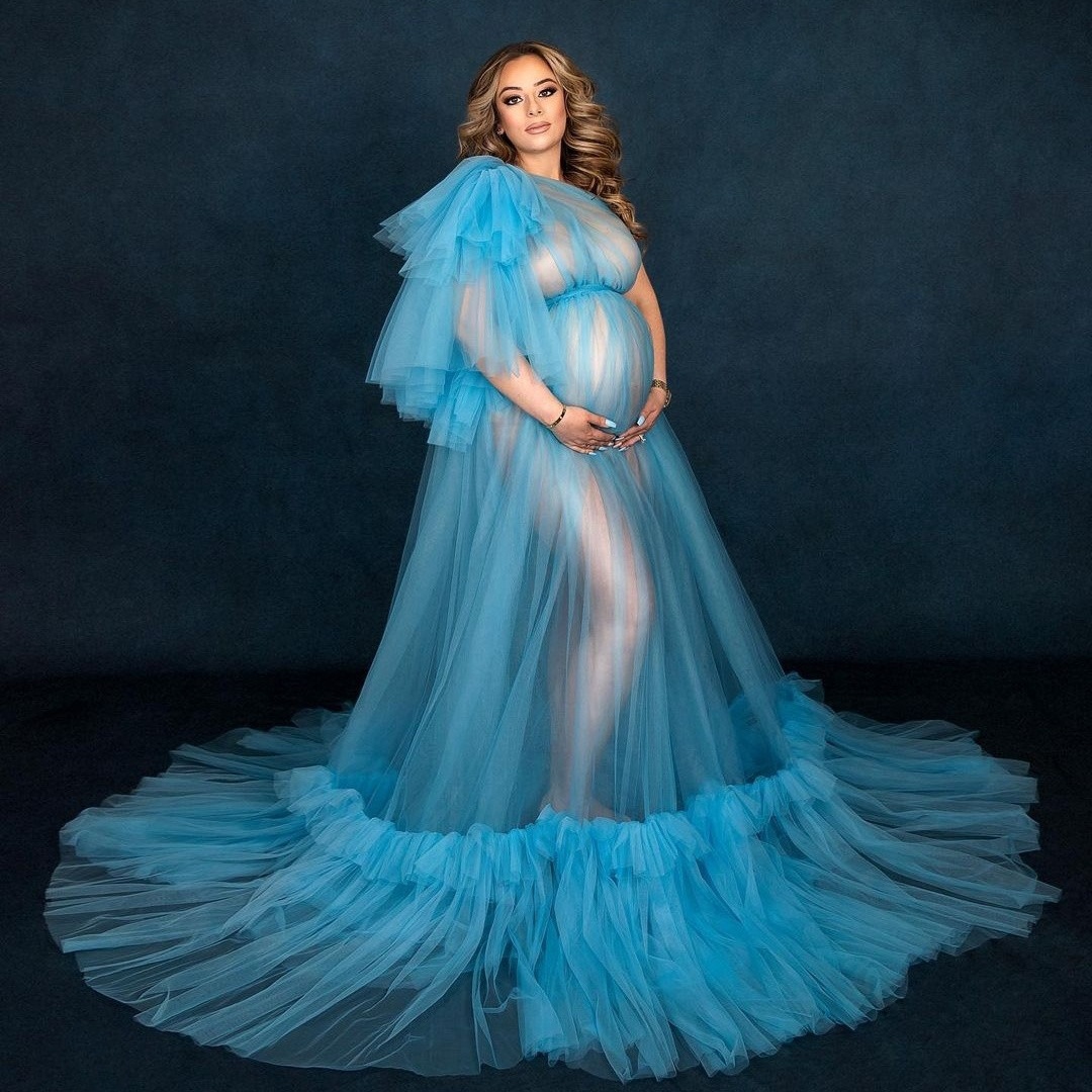 Blue One épaule Robes de bal pour femmes pour baby shower 2022 Long Voir à travers la robe de prise de vue photo de maternité Personnaliser