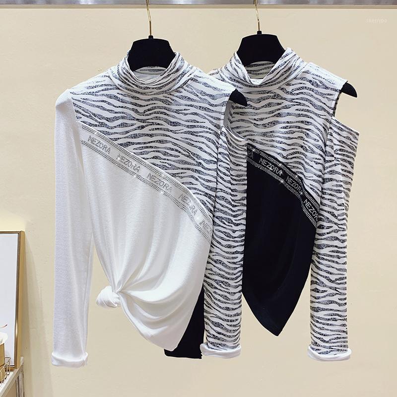 

Women' T-Shirt WWENN Long Sleeve Cotton Patchwork Letter Diamond T Shirt Women Tops Korean Off Shoulder Tee Femme Woman Clothes, Black