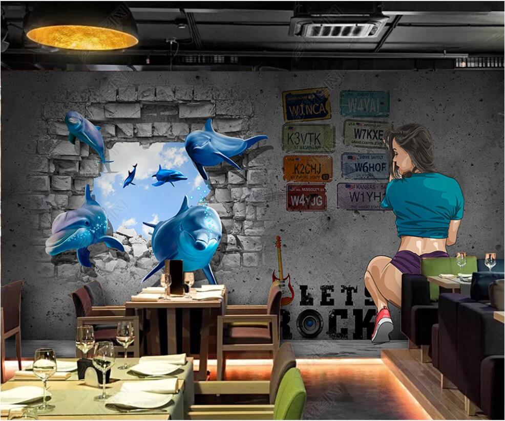 

custom photo mural 3d wallpaper on the wall beautiful woman in dolphin bar home decor 3d wall wallpapers living room walls stickers decor, Non-woven wallpaper