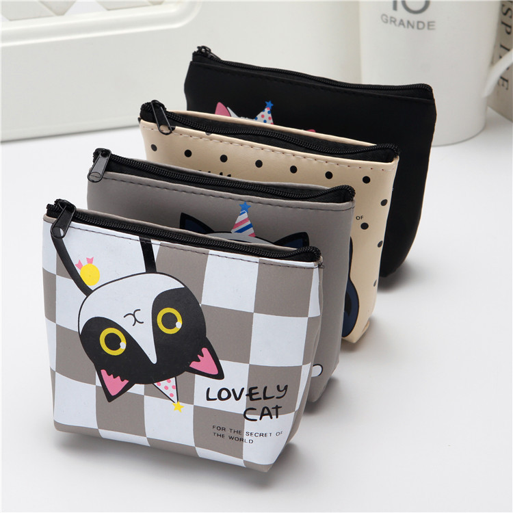 

Leather zipper female hand coin bag student cute cartoon cat change purse, White