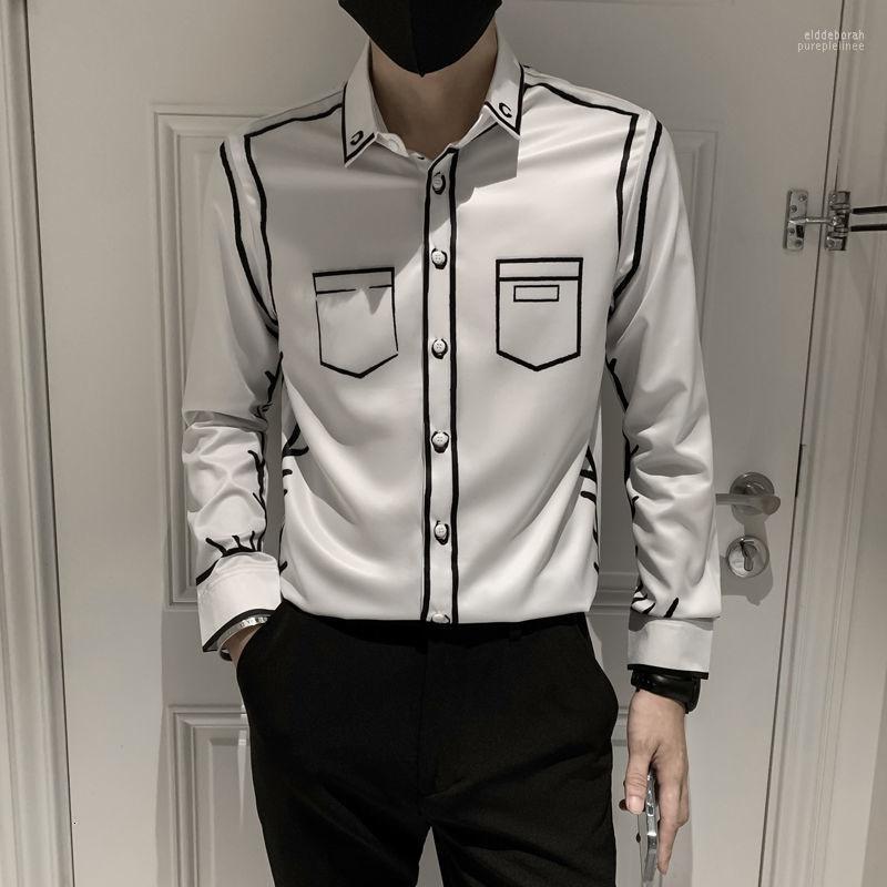 

Men's Casual Shirts 2022 Autumn Striped Print Men Shirt Fashion Graffiti Slim Fit Dress Blusa Streetwear Social Clothes Camisa Masculina Eld, Black