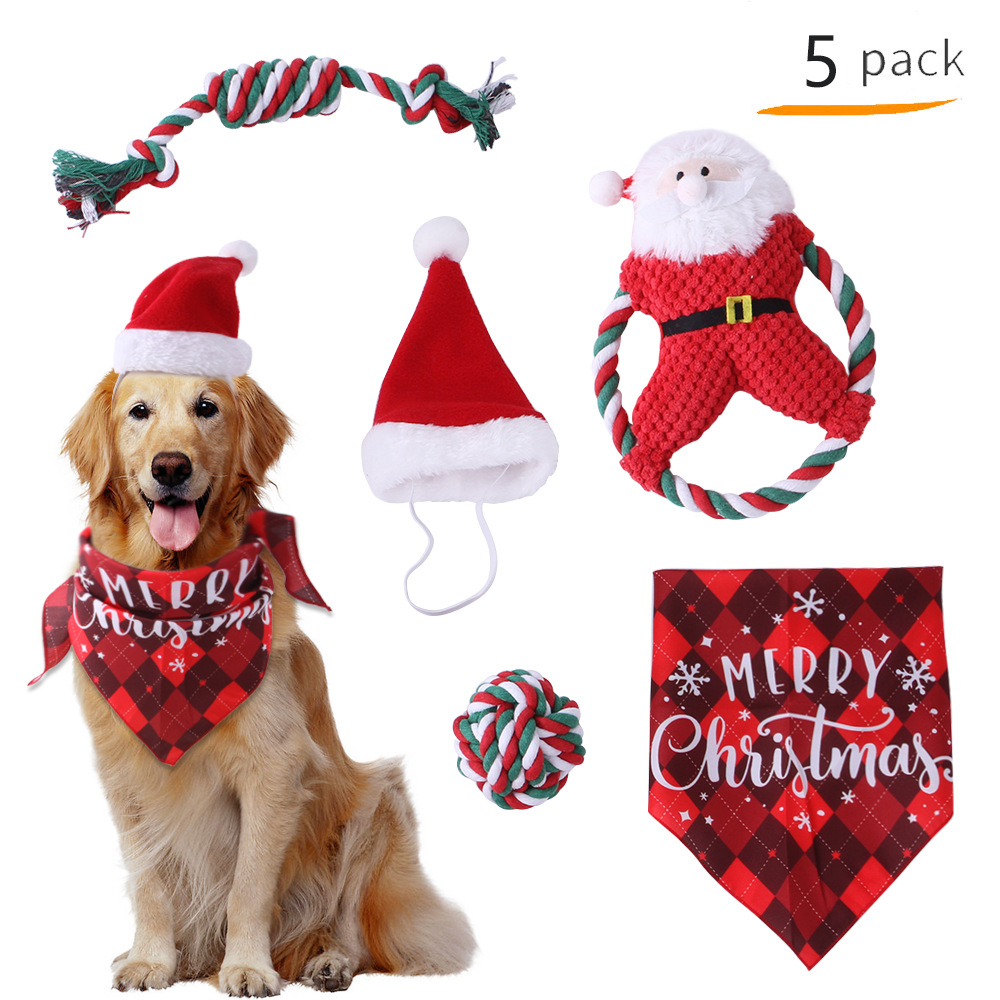

New Dog Apparel Christmas supplies set pet outfits molar cotton rope triangle towel decoration clothing toy combination, Black