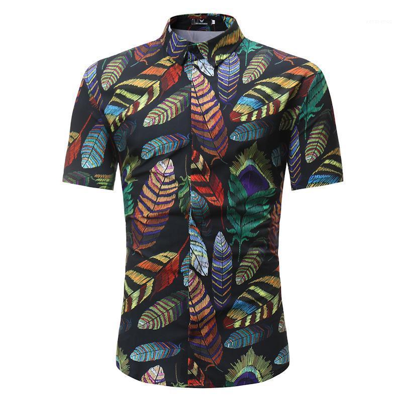 

Floral Shirt Men Fashion Feather Printed Blouse Casual Short Sleeve Slim Leisure Shirts Man Tops Men's, 1801-s119 p25