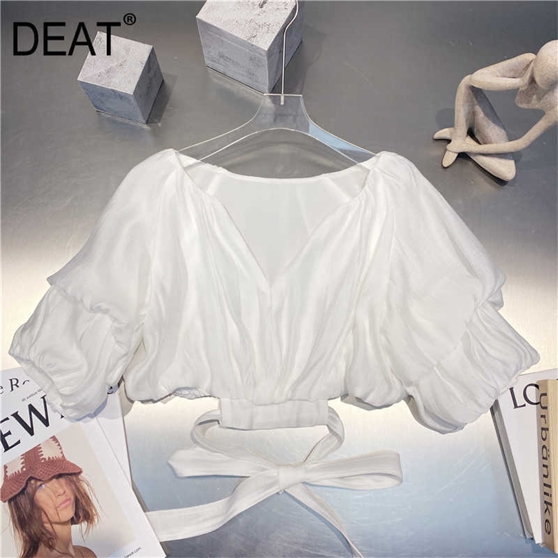 

DEAT Women Black Bandage T-shirt Solid Colour V-Neck Short Puff Sleeve Fashion Temperament Spring Summer 11D945 210709, White