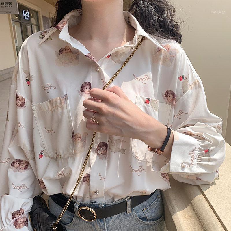 

Two Pocket Women Black White Blouse Angel Printing Shirt Turn Down Collar Long Sleeve Casual OL Blusas Women's Blouses & Shirts