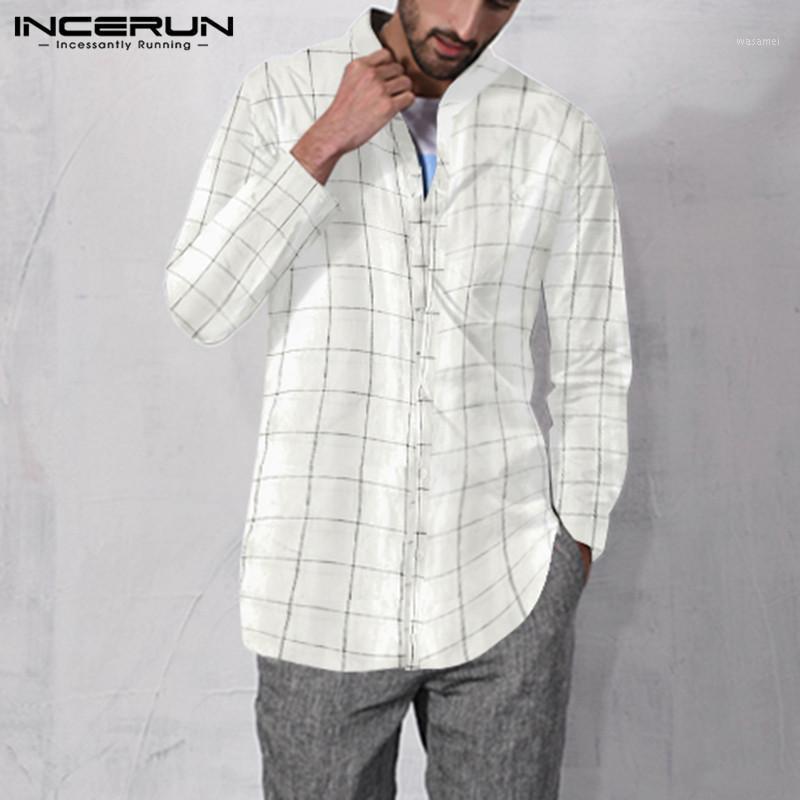 

Men' Casual Shirts INCERUN Baggy Plaid Shirt Long Sleeve Stand Collar Men Streetwear Cool Breathable Thin Mens Blouses Camisa Masculina, Beige