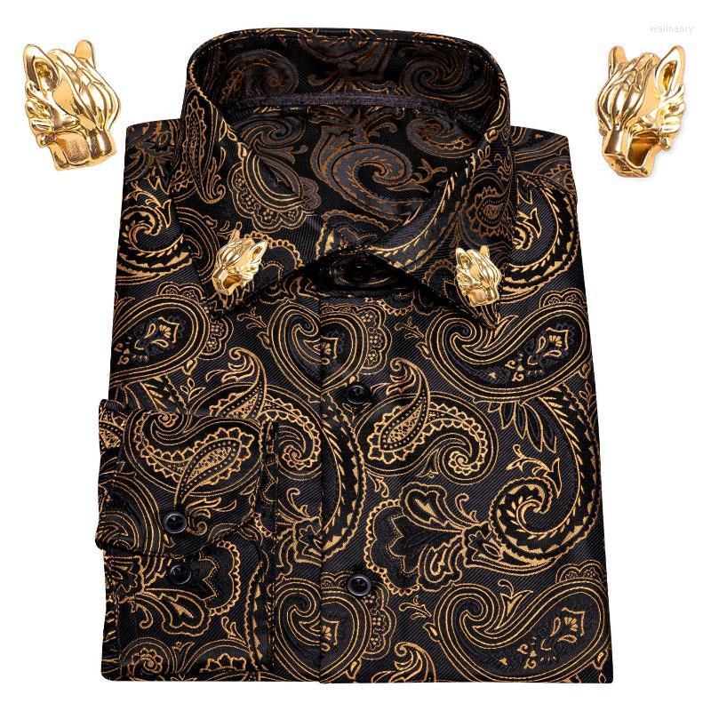 

Men's Dress Shirts Gold Paisley Silk Men Long Sleeve Casual Flower For Barry.Wang Designer Leopard Collar PinMen's Wall22, Cy-0016-collar pin
