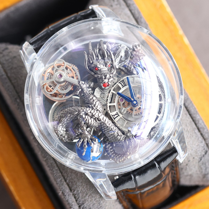 

2022 New Version Silver Transparent Skeleton Watch Mens Top quality Automatic ETA movement Luxury Sapphire glass dragon Watches black strap, 01