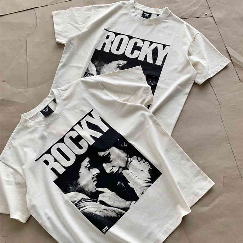 

Apparel T-shirt Kiss Co Signed Rocky Black and White Fashion Br Street High Washing Used Men Women, Beige