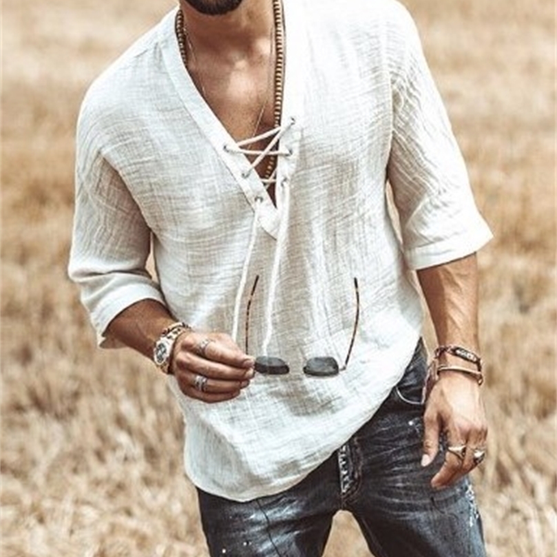 Mens Fashion Hippie Linen Shirt Casual Middle Sleeve V Neck Summer Beach Loose Tee Tops Solid Color T shirts 220607